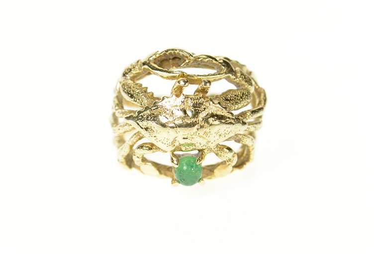 14K Yellow Gold Ornate 1960's Emerald Crab Cancer Zodiac Ring