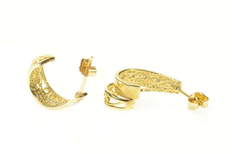 10K Yellow Gold Diamond Curved Oval Swirl Design Semi Hoop Earrings