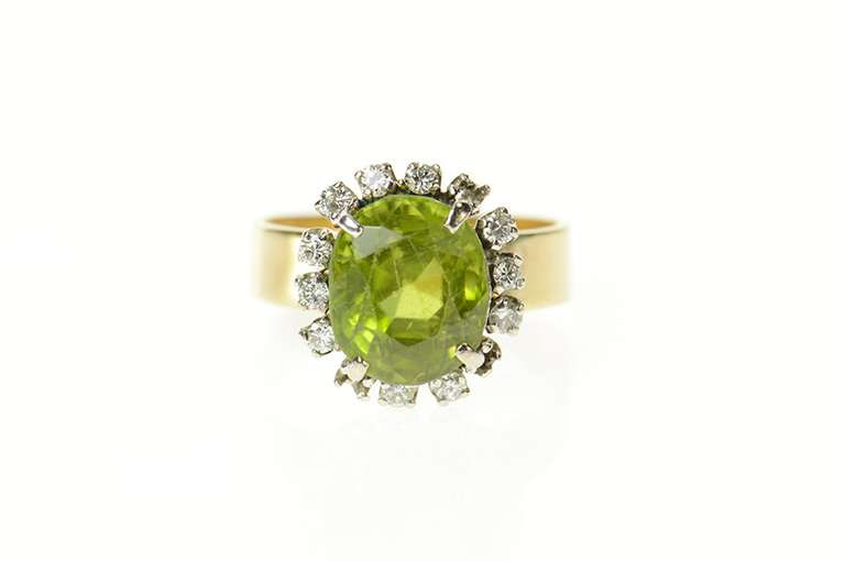 14K Yellow Gold Oval Peridot Diamond Halo Ornate Cocktail Ring