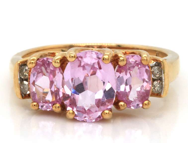 Fun & Flirty Yellow Gold 3-Stone Pink Topaz Ring with Diamond Accents