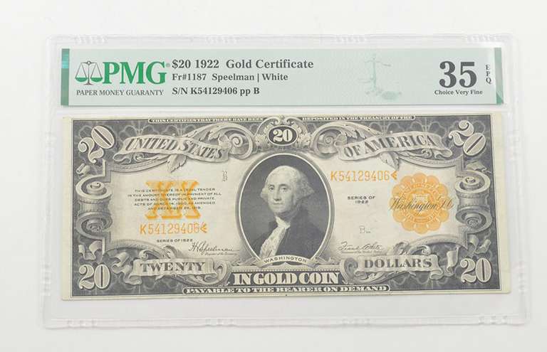 $20 1922 Gold Certificate PMG 35 EPQ Choice Very Fine, Fr # 1187