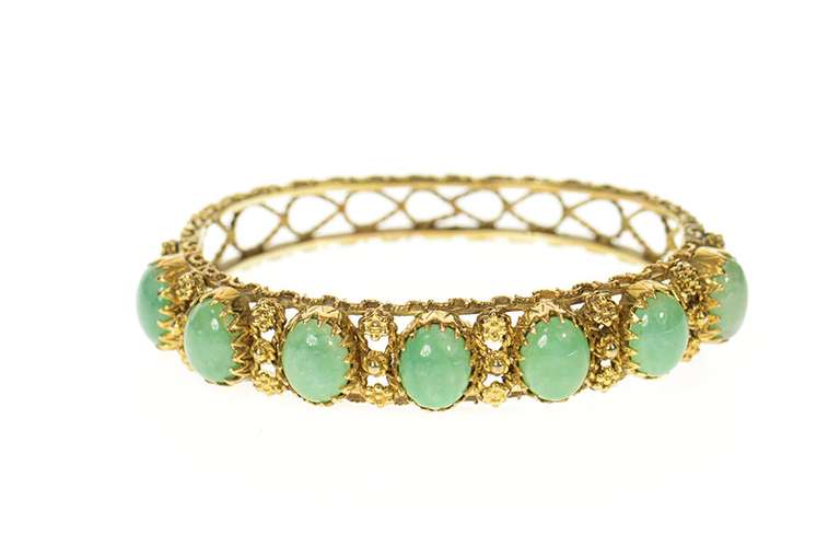 14K Yellow Gold Ornate Jade Cabochon Statement Bangle Bracelet