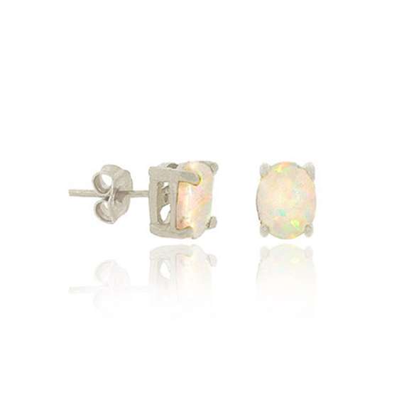 Sterling Silver 6x4 Oval Created Fiery White Opal Stud Earrings