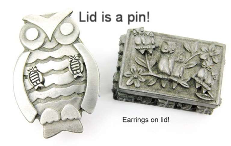 2 Vintage Pewter Owl Boxes with Jewelry