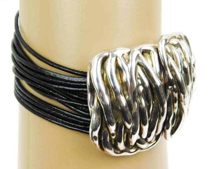 Chunky & Hip Sterling & Black Leather Cuff Bracelet