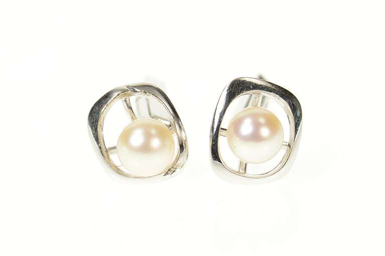 14K White Gold 8.3mm Retro 1960's Pearl Fancy Geometric Cuff Links