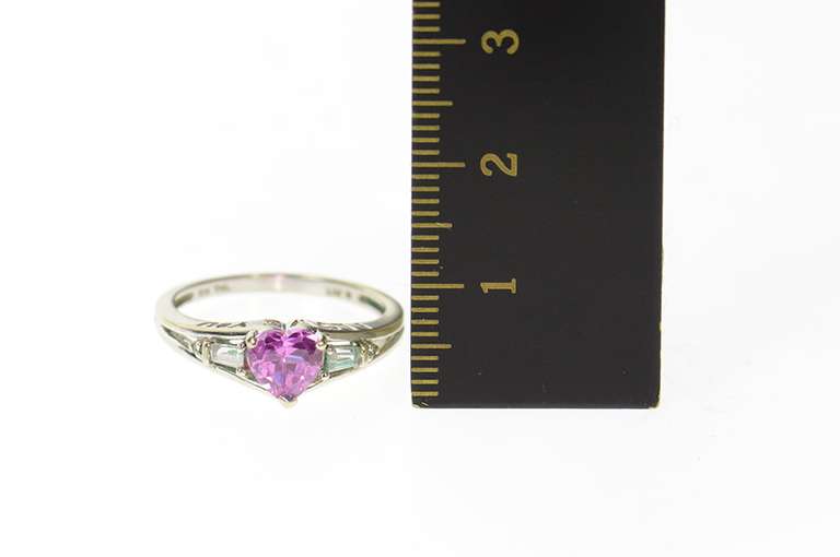 10K White Gold Heart Syn. Pink Topaz CZ Baguette Accent Ring