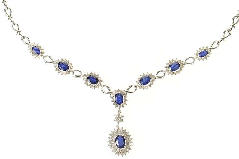 14K White Gold 4.27 Ctw Sapphire Diamond Halo Statement Necklace