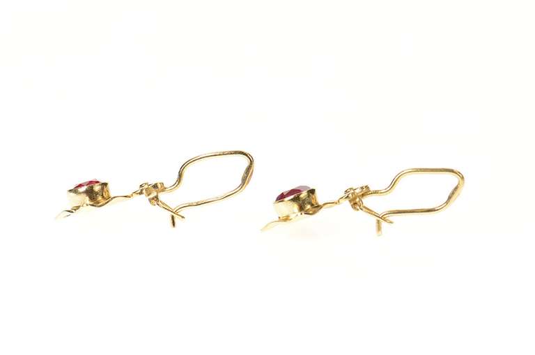 10K Yellow Gold 1940's Syn. Ruby Cherry Blossom Dangle Hook Earrings