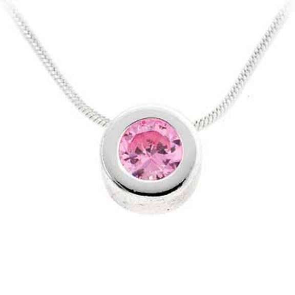 Sterling Silver Pink CZ Bezel-Set Round Slide Pendant