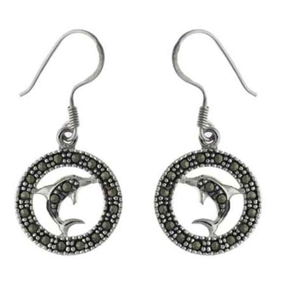 Sterling Silver & Marcasite Dolphin Circle Earrings