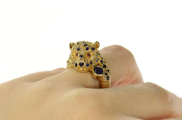 14K Yellow Gold Pave Diamond Sapphire Jaguar Leopard Ring