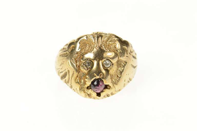 10K Yellow Gold Diamond Eyed Lion Ruby Statement Ring
