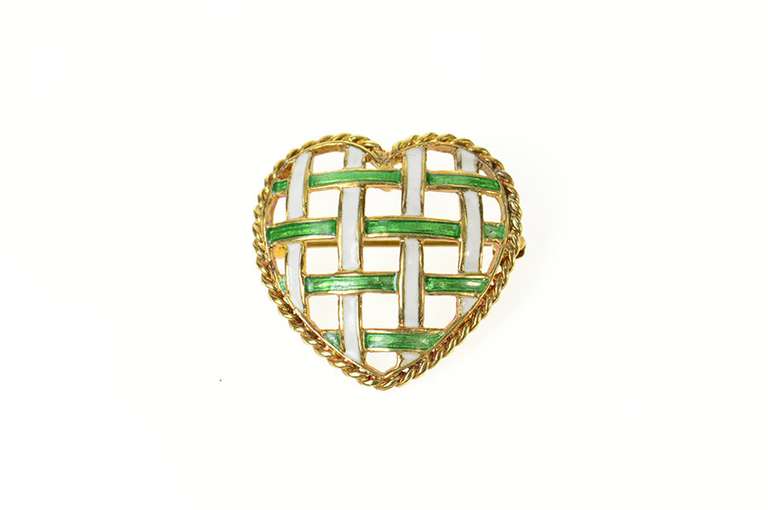 14K Yellow Gold Retro Blue Green Enamel Woven Heart Pin/Brooch