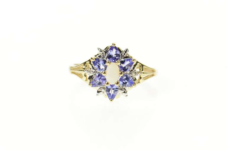 10K Yellow Gold Opal Tanzanite Halo Diamond Accent Statement Ring