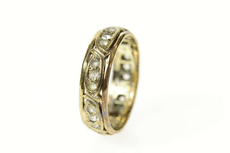 9K Yellow Gold Victorian Ornate Rhinestone Wedding Band Ring
