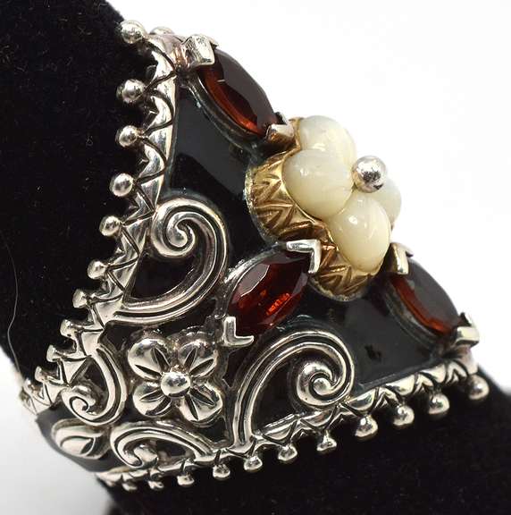 Ornate Garnet & Mother-Of-Pearl Ring in Sterling Silver