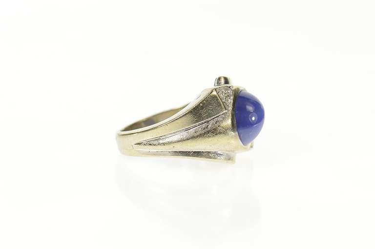 14K White Gold Retro 1960's Blue Syn. Star Sapphire Diamond Ring