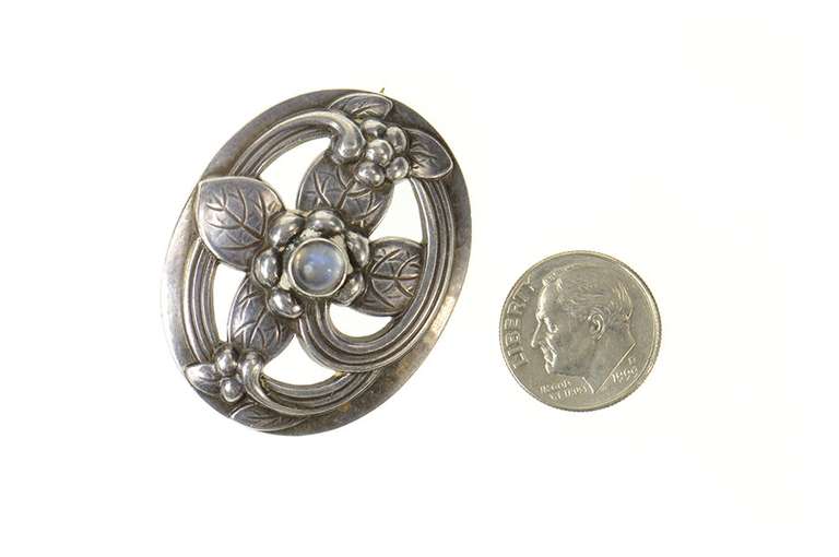 Sterling Silver Georg Jensen Moonstone Leaf Swirl 138 Pin/Brooch