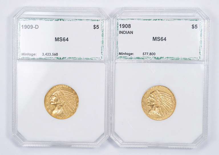 Lot (2) MS64 1908 & 1909-D Indian Head Gold Half Eagles - Graded PCI