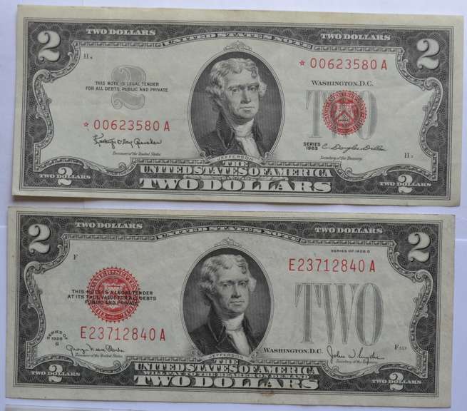2 Red Seal $2 US Notes 1928 G Unc & 1963 Star
