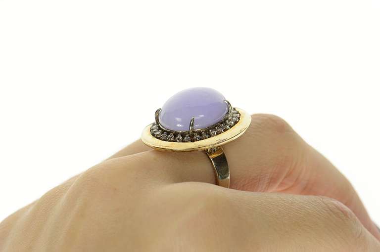 14K Yellow Gold Victorian Lilac Jade Diamond Halo Cocktail Ring