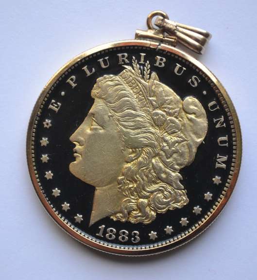 1883 Enamel Morgan Dollar in a Gold Filled Bezel Set Pendant