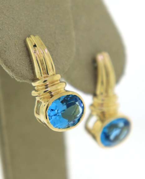 Fabulous 14kt YG Oval Cut Blue Topaz Bezel Set Earrings