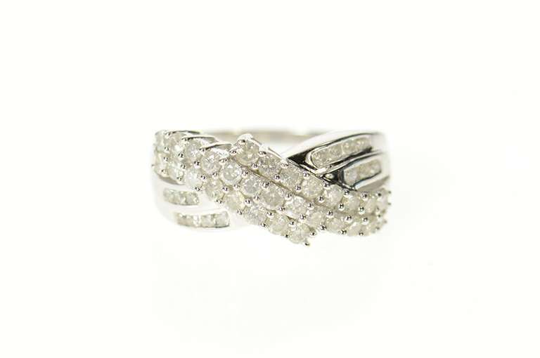 14K White Gold 0.86 Ctw Wavy Pave Diamond Criss Cross Band Ring