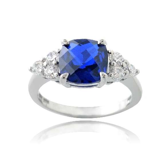 Sterling Silver 1.4ct Created Blue Sapphire & CZ Accents Cushion Cut Ring