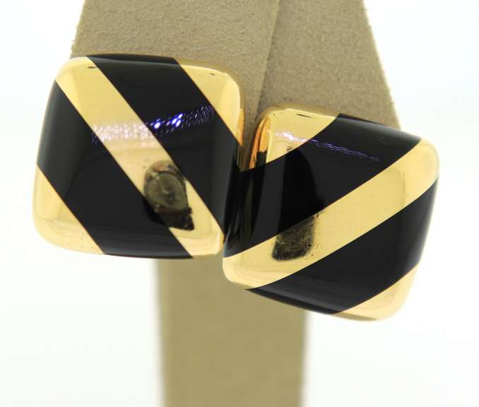 Vintage Black Onyx & 18kt Gold Striped Cushion Earrings