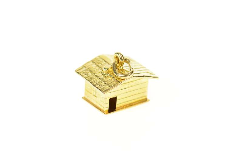 18K Yellow Gold 3D Log Cabin House Home Building Charm/Pendant