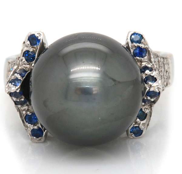 Marvelous 18kt WG Tahitian Pearl with Pave Diamond & Sapphire Ring