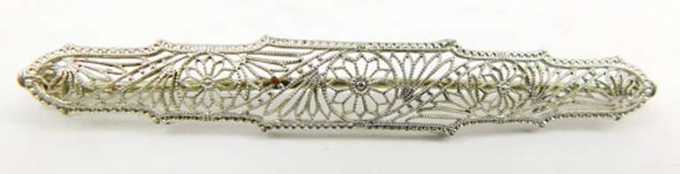 Antique 14K White Gold Filigree Bar Pin