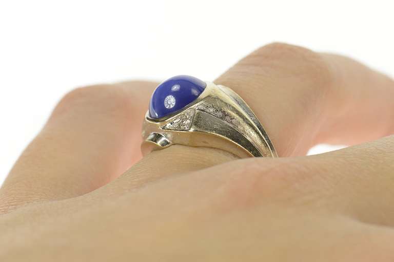 14K White Gold Retro 1960's Blue Syn. Star Sapphire Diamond Ring