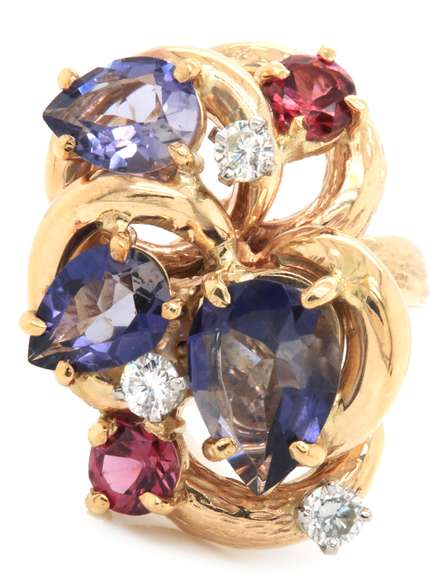 Divine 14kt YG Tanzanite, Pink Tourmaline, and Diamond Ring