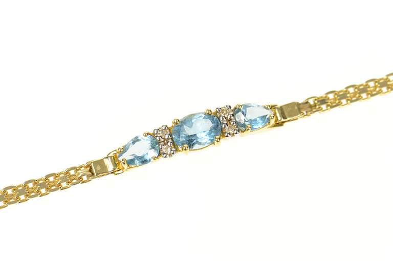 14K Yellow Gold Three Stone Blue Topaz Diamond Bar Link Bracelet