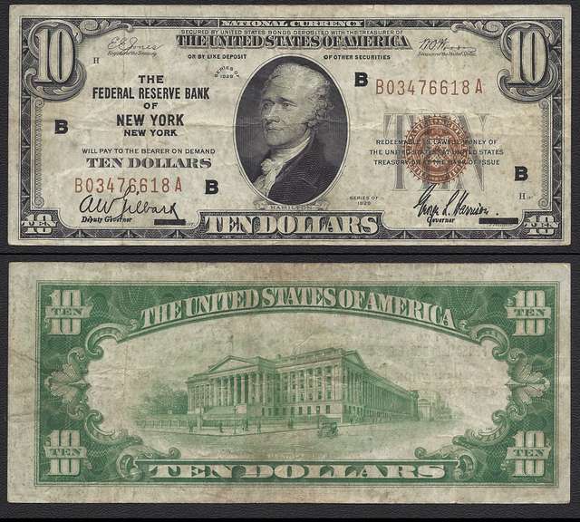 $10 1929 FRBN New York, Brown seal and Serial Numbers