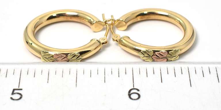 Pretty Leaf-Adorned Hoop Earrings in 3-Tone Gold