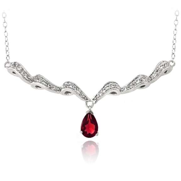 Sterling Silver Created Ruby & White Topaz Swirl Teardrop Necklace