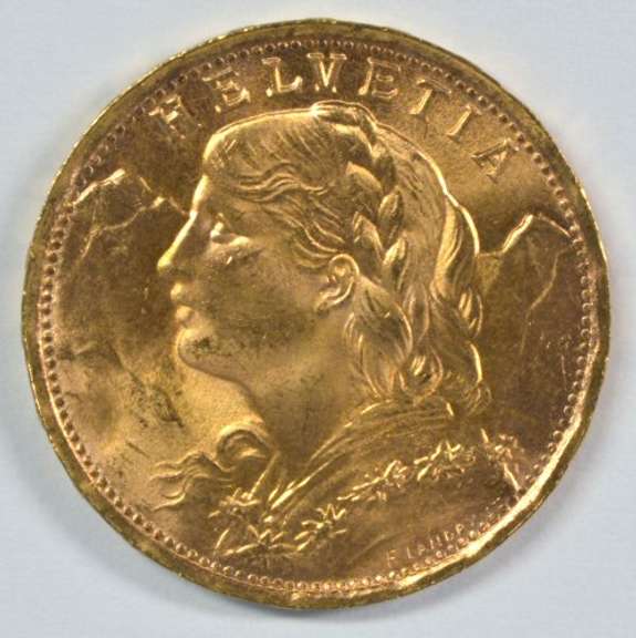 Superb Gem BU 1935-B Swiss 20 Francs Gold Piece
