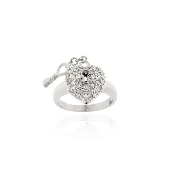 Sterling Silver CZ Heart & Key Ring