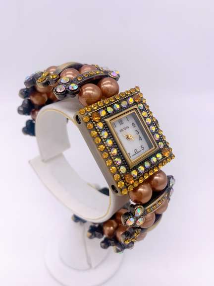 Gorgeous Pearl & Gemstone Geneva Watch Cuff Bracelet