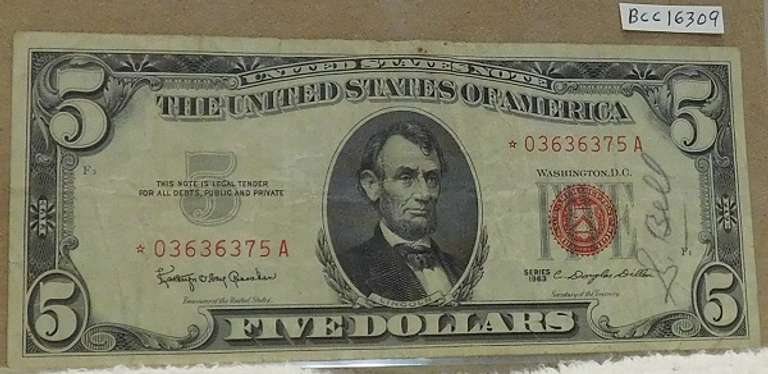 1963 $5 US Note, Star Note, lite circ