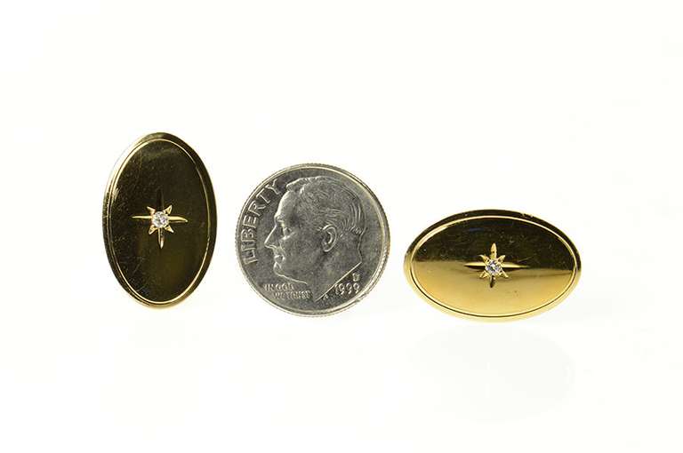 14K Yellow Gold 1960's Diamond Star Inset Oval Classic Cuff Links