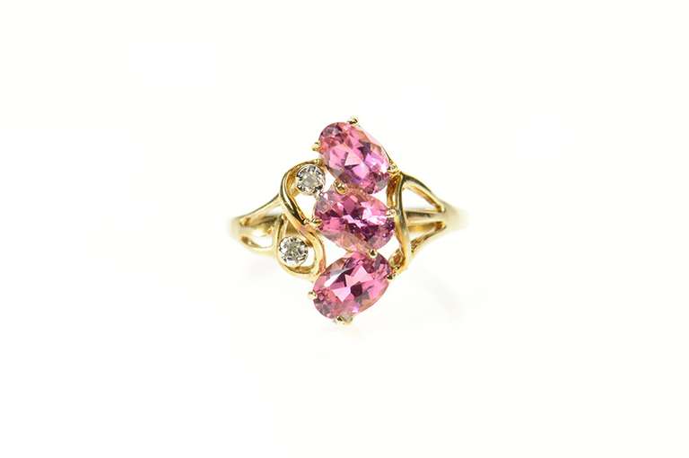 10K Yellow Gold Oval Pink Topaz Diamond Accent Statement Ring