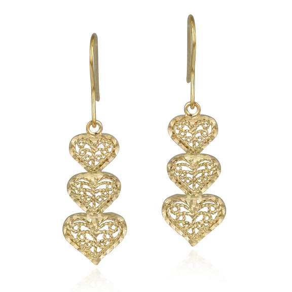 18K Gold over Sterling Silver Filigree Three Heart Drop Earrings