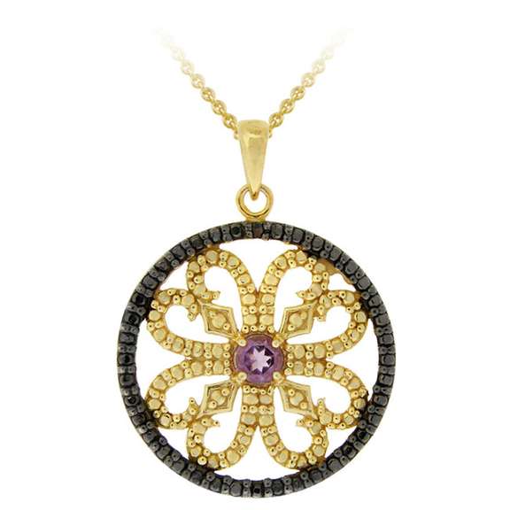 18K Gold over Sterling Silver Amethyst & Black Diamond Accent Flower Medallion Pendant