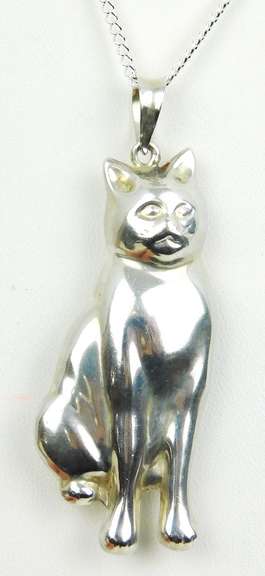 Large Sterling Silver Cat Pendant & Chain