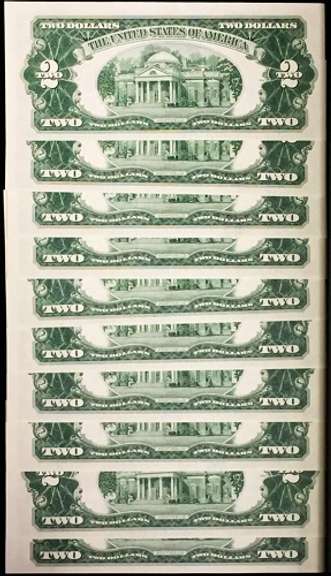 (10) Gem Crisp 1963 $2 Red Seal Notes-Consecutive Serial Numbers Nice Notes!